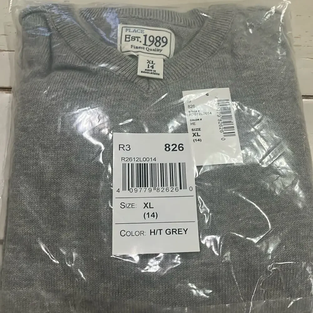 Children’s Place Sweater Boys XL 14 Long Sleeve V-neck Heather Grey 100% Cotton